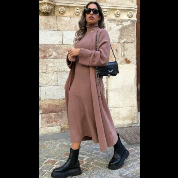 ZARA NEW WOMAN DUSTY PINK CAMEL LONG KNIT CARDIGAN + MIDI DRESS 0014/124 S M - Picture 3 of 9